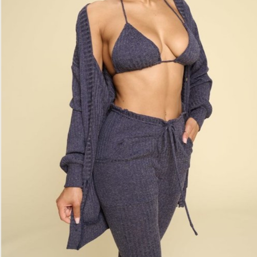 3PC set Cardigan Bottoms Top Blue Gray - Picture 3 of 7